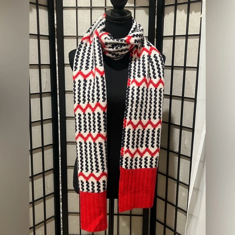 J. Crew Vibrant Red WHITE AND BLUE PATTERN SIX- FOOT—LONG WOVEN  WINTER SCARF!